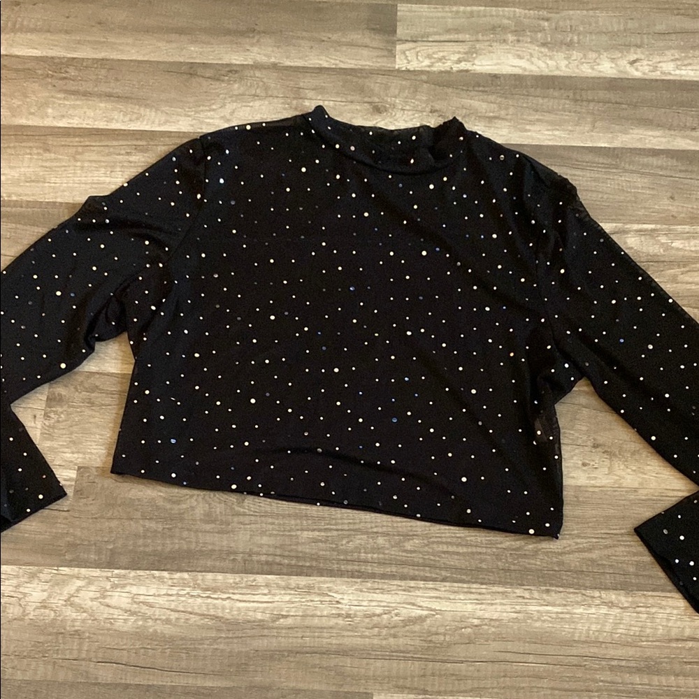 Sheer Black Cropped Sequin Long Sleeve with Mandarin Collar B - Picture 2 of 4